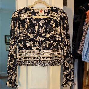 FARM Rio Black and Cream Bird Print Blouse